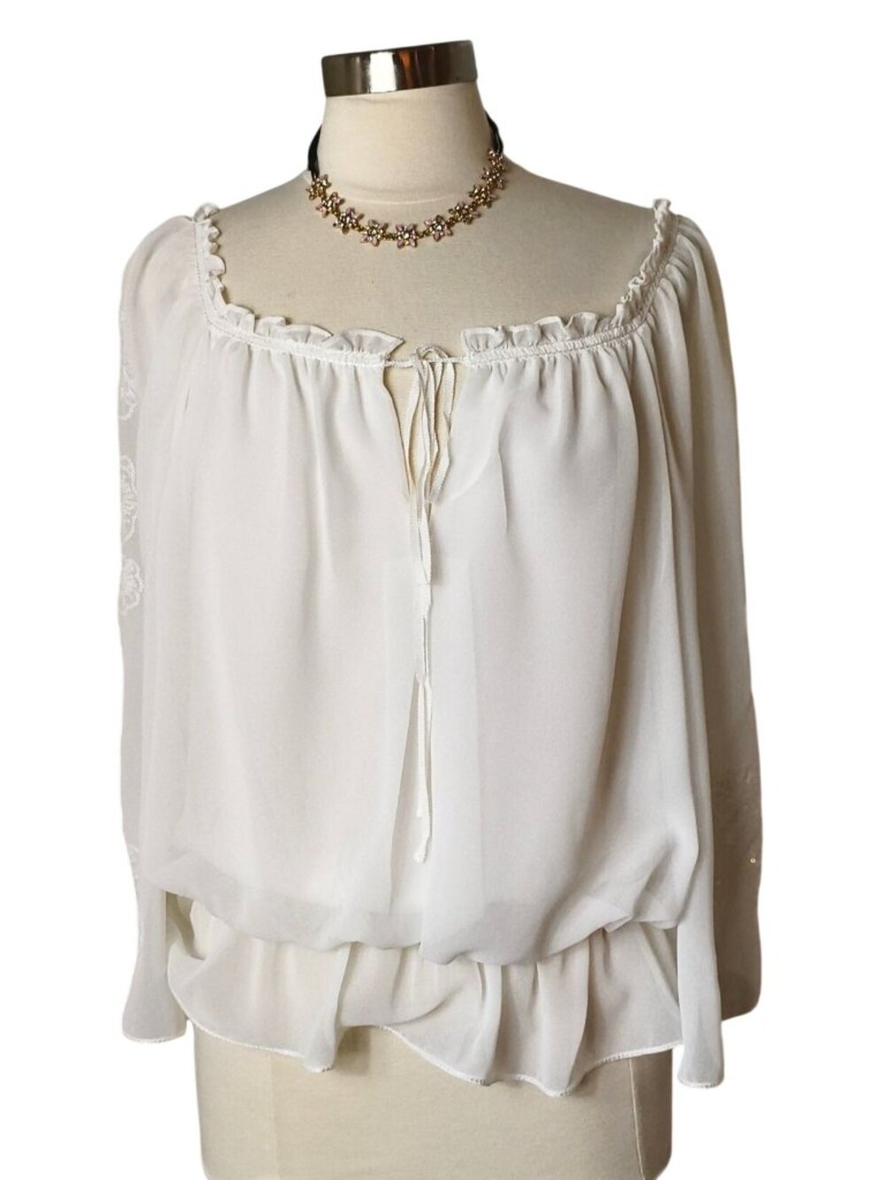 M.S.S.P. Womens L Blouse Elegant White Embroidered Designer Peasant Lng Slv NEW
